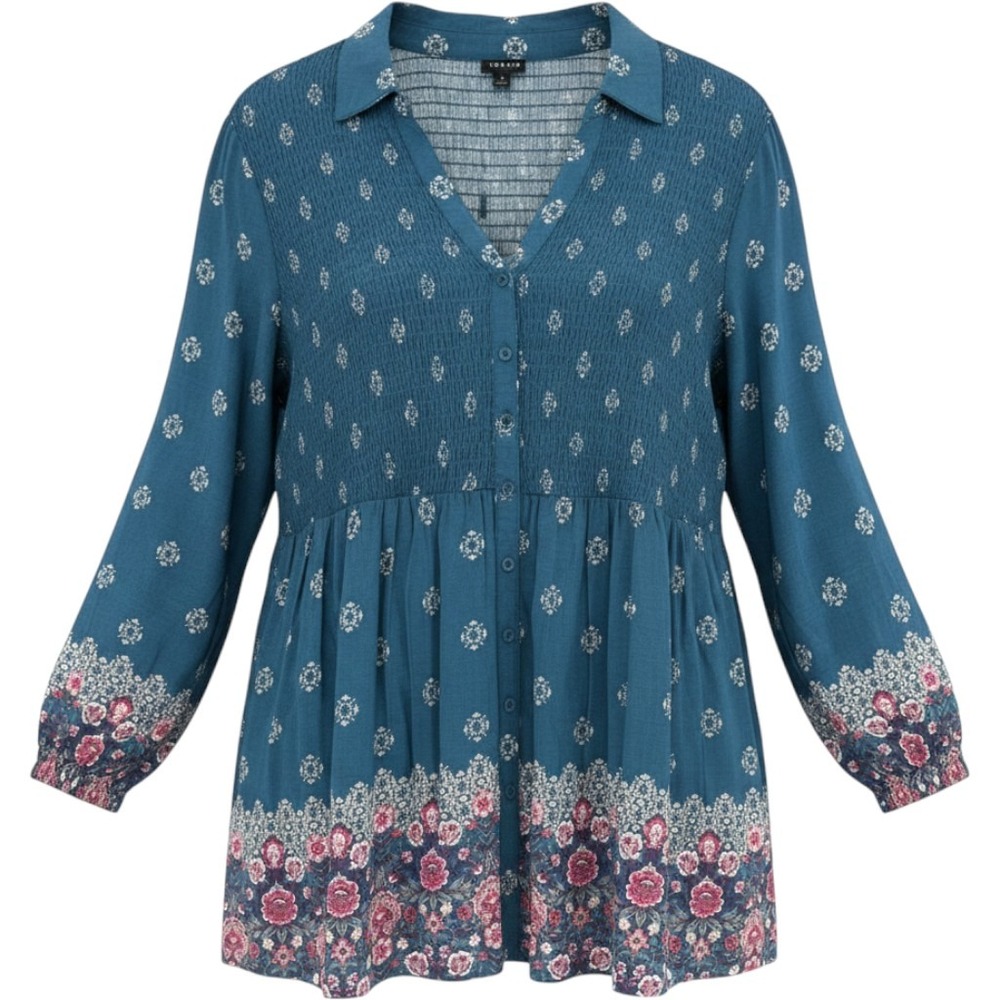Torrid Lena Smocked Slub Tunic Top Babydoll Dress Blue Medallion Floral Boho‎ 2X